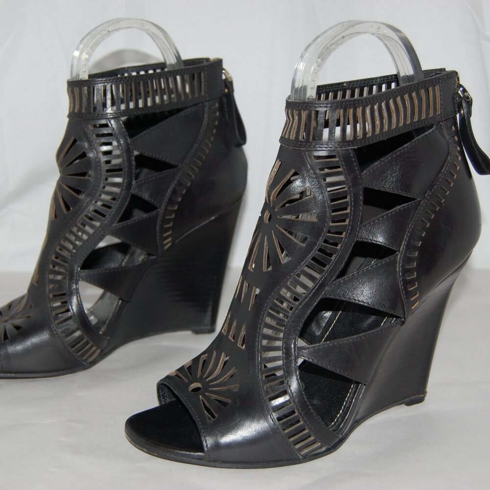 40/10❤️Sergio Rossi Black Leather High Wedge Heels Gladiator Sandals BOOTS ITALY